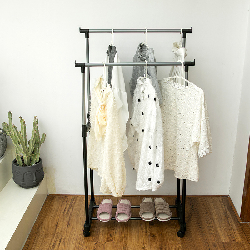 普通铁管小号升降晾衣架落地高低双杠不伸缩