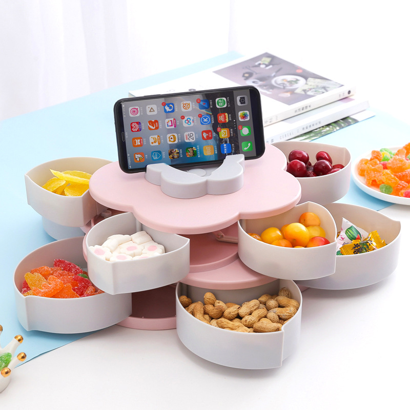 抖音双层旋转果盘花瓣造型干果盘零食收纳盘