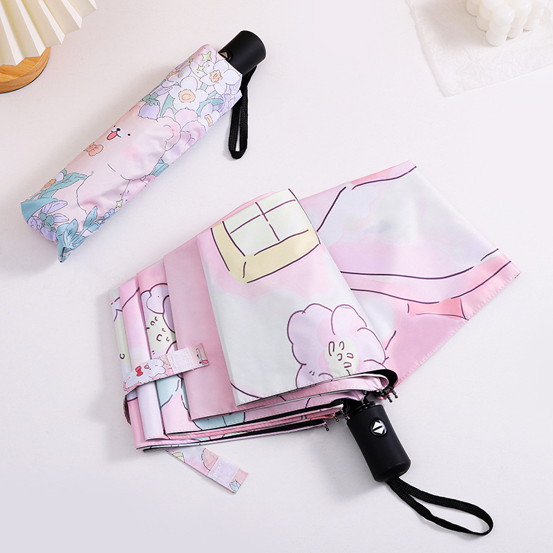 全自动雨伞卡通数|码|印黑胶防晒遮阳伞可