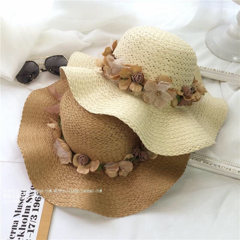 韩版波浪大沿檐花朵草帽亲子夏天遮阳帽沙滩